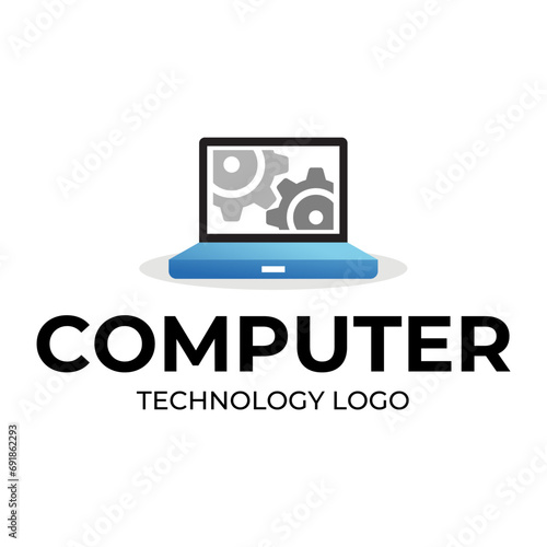 Computer logo design. Pc fix, repair, Computer maintenance service, software, Computer tech shop vector illustration isolated on white background