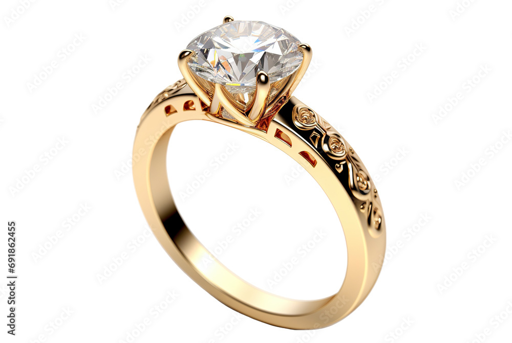 Beautiful gold engagement ring with a diamond, cut out - obrazy, fototapety, plakaty 