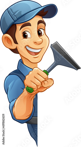 A window cleaner or car wash cleaning cartoon mascot man holding a squeegee washing tool