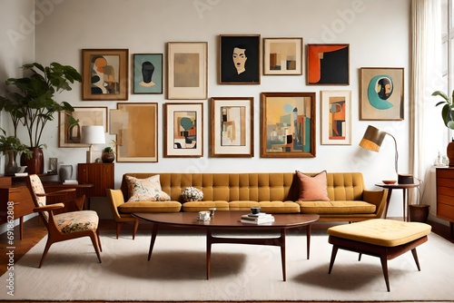A mid-century modern living room with retro furniture and a blank frame amidst vintage art pieces. © LOVE ALLAH LOVE