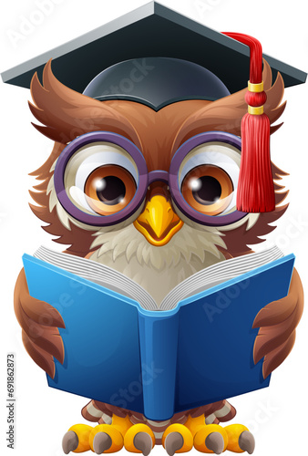 A wise owl bird cartoon cute character. Wearing a graduation, convocation or professor teacher mortar board cap or hat and glasses. Reading a book.