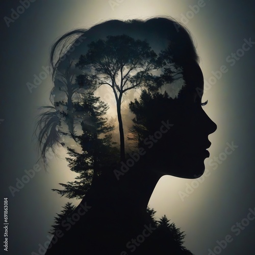 Double exposure woman dark nature AI