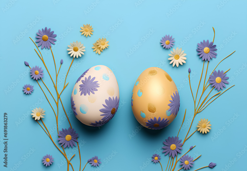 Blue easter background with painted easter eggs Blue easter background with painted easter eggs