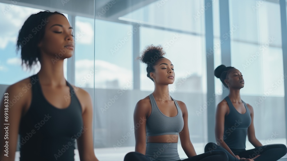 Tranquil woman meditates with group during yoga session. Quite sporty people contemplate mind and relax sitting in lotus poses in class. Physical and mental recreation with mindfulness