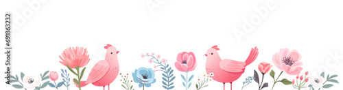 Horizontal banner with pastel spring flowers and birds. Spring tender flowers border. Folk motif, greeting card, header for website