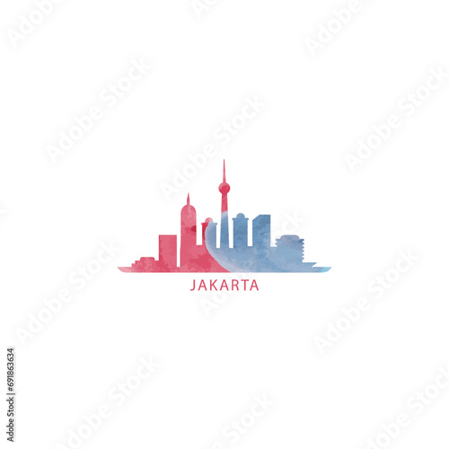 Jakarta watercolor cityscape skyline city panorama vector flat modern logo, icon. Indonesia megapolis emblem concept with landmarks and building silhouettes. Isolated graphic