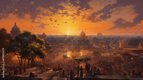 A serene city scene of New Delhi celebrating holi, with sunset with visible brushwork. Impasto texture and chiaroscuro lighting, emulating the style of a classical oil painting photo