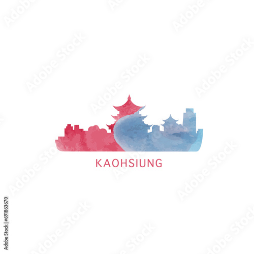 Kaohsiung watercolor cityscape skyline city panorama vector flat modern logo, icon. Taiwan megapolis emblem concept with landmarks and building silhouettes. Isolated graphic