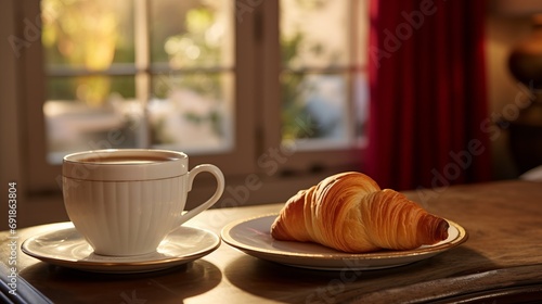Scenic View of Delicious Croissant and Aromatic Cup of Coffee on Urban Outdoor Coffee Table