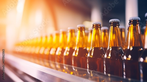 Beer bottles on production conveyor belt.