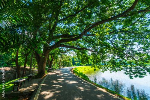 a public place leisure travel landscape lake views at Ang Kaew Chiang Mai University and Doi Suthep nature forest Mountain views spring cloudy sky background with white cloud. photo