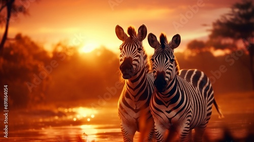 Create a mesmerizing AI-generated image of zebras in the African savanna under a spectacular rainy sunrise. The gentle rain and soft light should enhance the serene beauty of this natural scene.