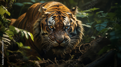 Sumatra tiger with yellow eyes stalking prey, vegetation in tropical indonesian rainforest background, cinematic shoot, ultrareal, morning light