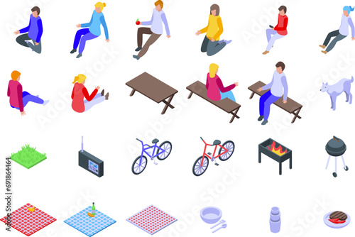 Picnic city park icons set isometric vector. Dinner served. Radio city park