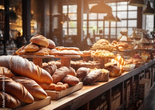 A panoramic view of a bakery shop, showcasing rows of beautifully displayed pastries and bread,