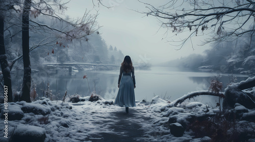 Beautiful Representation Of Winter, a woman walking on a path by a lake.