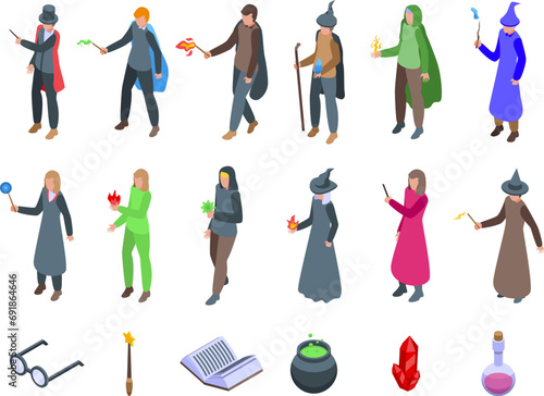 Cast spell icons set isometric vector. Witch hand magic. Creepy finger