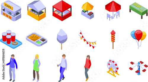 Night fair icons set isometric vector. Outdoor market stall. Counter people