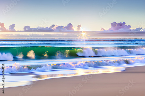 Beautiful sandy beach with waves crashing at sunset, wall paper, generative AI