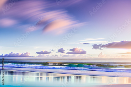 Beautiful sandy beach with waves crashing at sunset, wall paper, generative AI