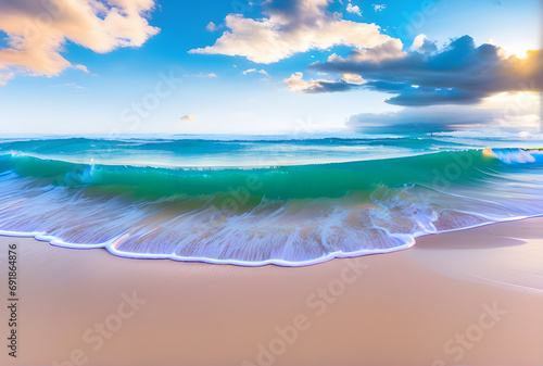 A sandy beach with gentle waves and blue sky, Wall paper, Generative AI