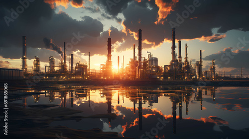 Factory Of Large Oil Refinery Pipeline, a factory with a body of water.