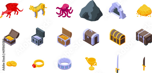 Guard treasure icons set isometric vector. Dragon defense. Cave fantastic animal