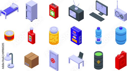 Bunker interior icons set isometric vector. Bed locker armored. Bomb shelter