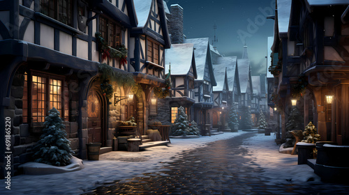 A Very Realistic Photo Of A Street In Germany, a snow covered street with houses and lights.