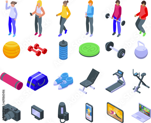 Fitness blogger icons set isometric vector. Online show. Personal sport training