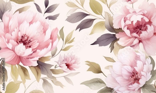 Delicate floral watercolor pattern for textiles and backgrounds  watercolor peonies flowers and green leaves  soft colors  boho style on a light background  floristic  Generative AI