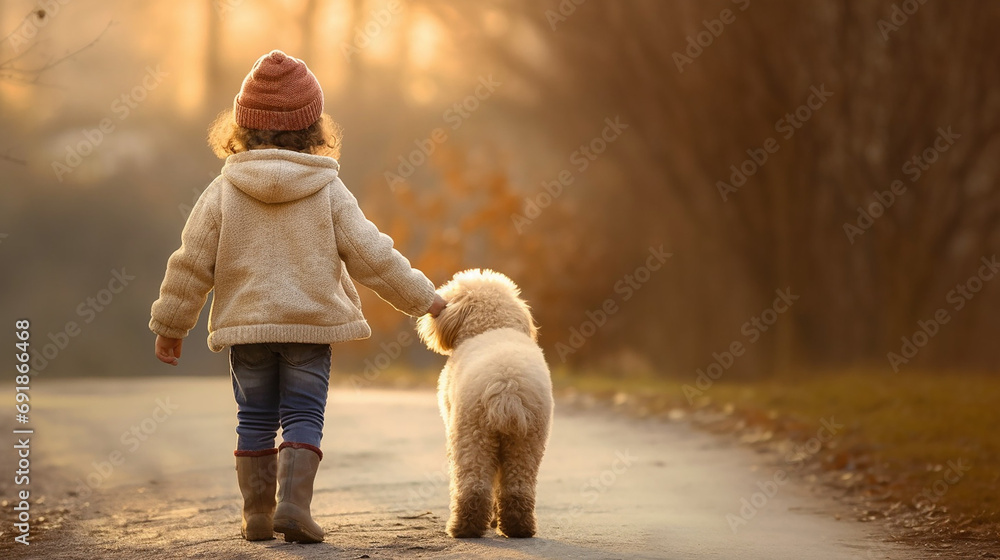 Only one child walking alone with the family dog outdoors