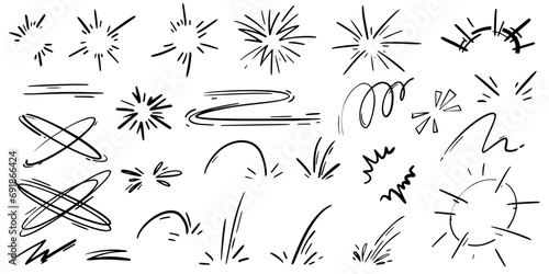 Cartoon lines effects and sparks. Vector comic doodle hand drawn splashes burst and explosion elements. Boom and bang motion sketch.