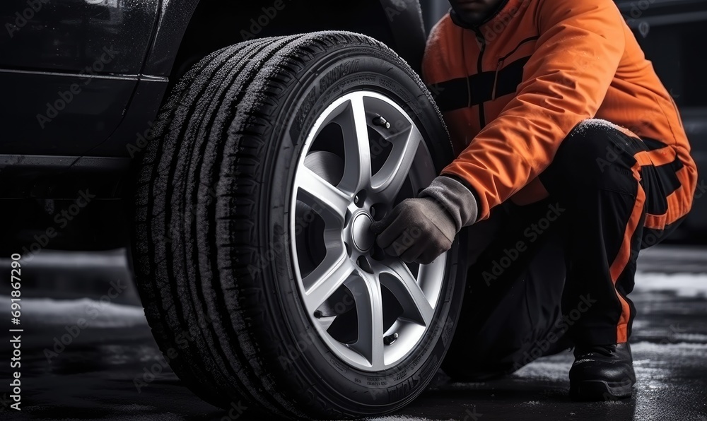 A car mechanic changes winter tire on a car wheel A car mechanic changes winter tire on a car wheel
