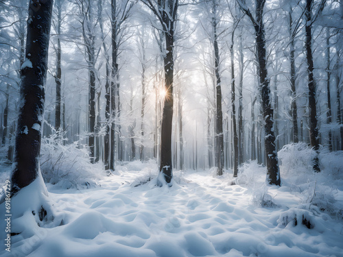 Beautiful winter forest with snow covered trees and sunbeams.