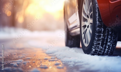 Winter tires on snow road with amazing background. Close up photo of winter tires