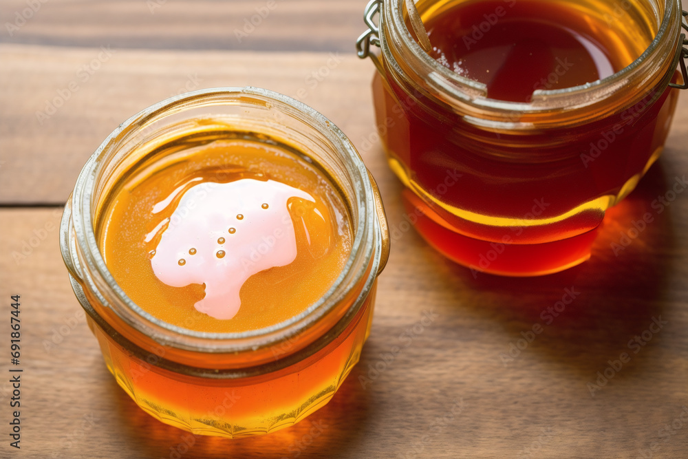 Honey in a glass jar on a wooden background. Selective focus. healthy food concept. Generative AI Honey in a glass jar on a wooden background. Selective focus. healthy food concept. Generative AI