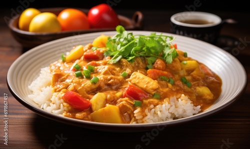 Delicious chicken curry with rice served on a plate and ready to eat. Healthy eating concept