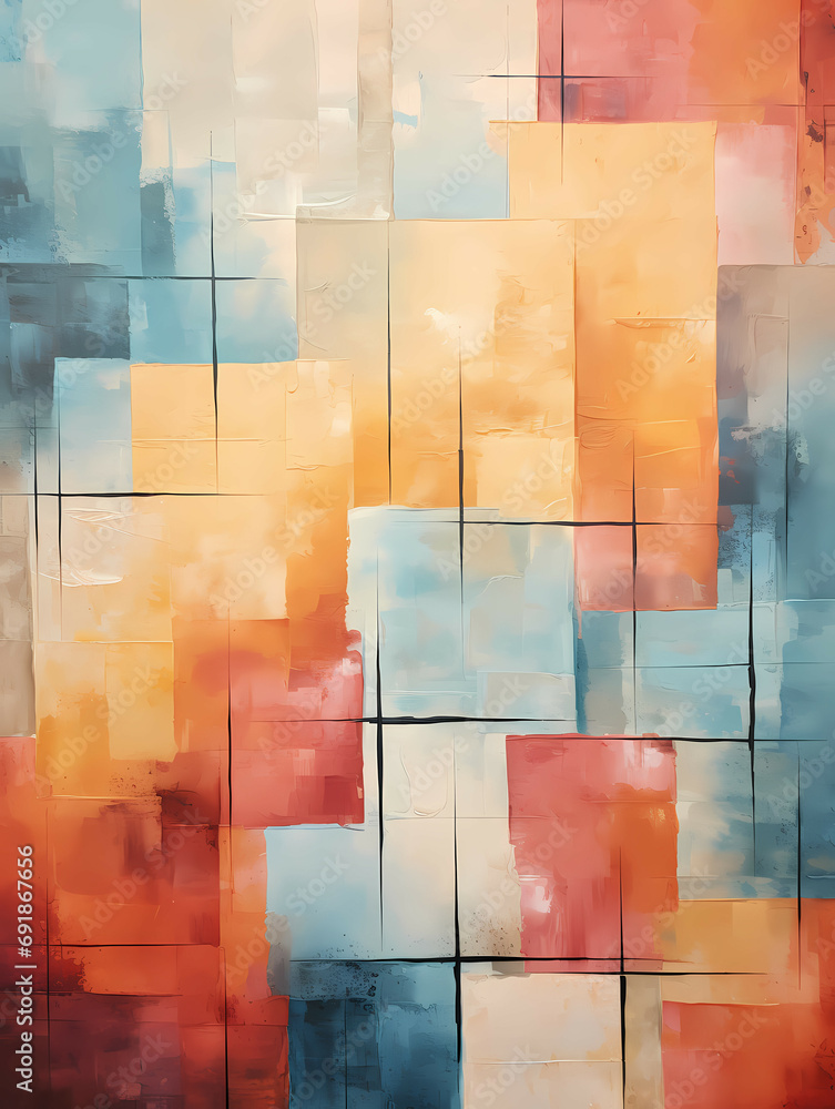 A Close-Up Of An Abstract Painting, a colorful squares on a wall.
