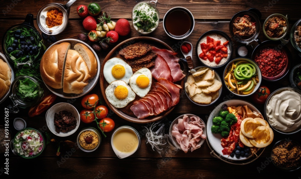 Top view bright photo of Large selection of breakfast food on a table, sun light from side. Healthy breakfast concept. Top view bright photo of Large selection of breakfast food on a table, sun light from side. Healthy breakfast concept.