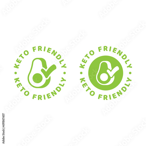 Keto diet friendly vector label. Circle keto badge with avocado and checkmark.