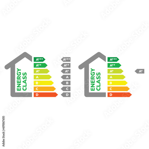 Energy efficiency class vector label. Electricity effective house bar chart icon.