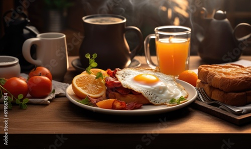 Delicious breakfast served on plate on wooden table in the kitchen.