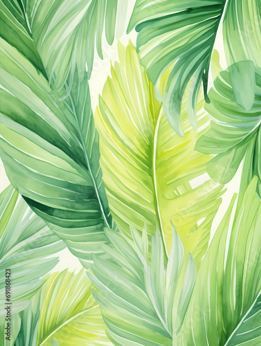 Watercolor Painting Colorful Tropical Palm Leaf, a close up of leaves.