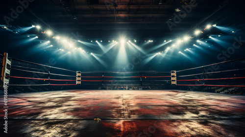 Empty Boxing Ring Under Spotlight in Arena with Illuminated Lights and Shadows Cast on Floor, Anticipation of Upcoming Fight Event © Bartek