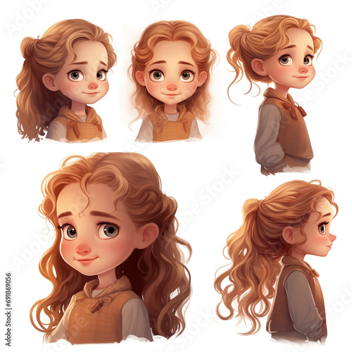Adorable Protagonist: Explore the Charismatic Presence of a Cute Girl from Different Angles in a Character Sheet - Tailor-Made for Bringing Her Whimsical Adventures to Life in Children's Books