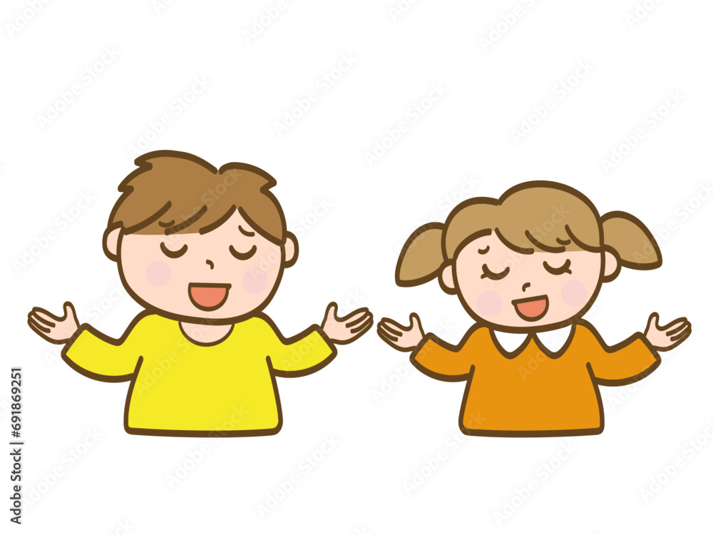 やれやれと呆れる男の子と女の子_小学生低学年_幼児 やれやれと呆れる男の子と女の子_小学生低学年_幼児