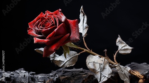  dry red rose on black rose with dry green leaf with black background generated by AI tool   