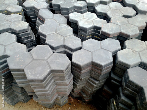 Stacks of concrete hexagonal Blocks or bricks  Holland interlocking paver hexagonal blocks.