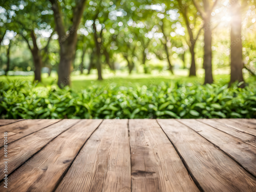 Wooden floor and green nature bokeh background, stock photo